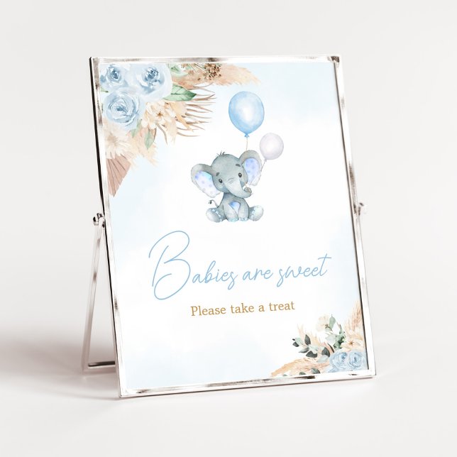 Poster Balloon bleu Eléphant Baby shower Les bébés sont d (Blue Floral Pampas Grass Elephant Baby Shower Babies are Sweet SIgn)