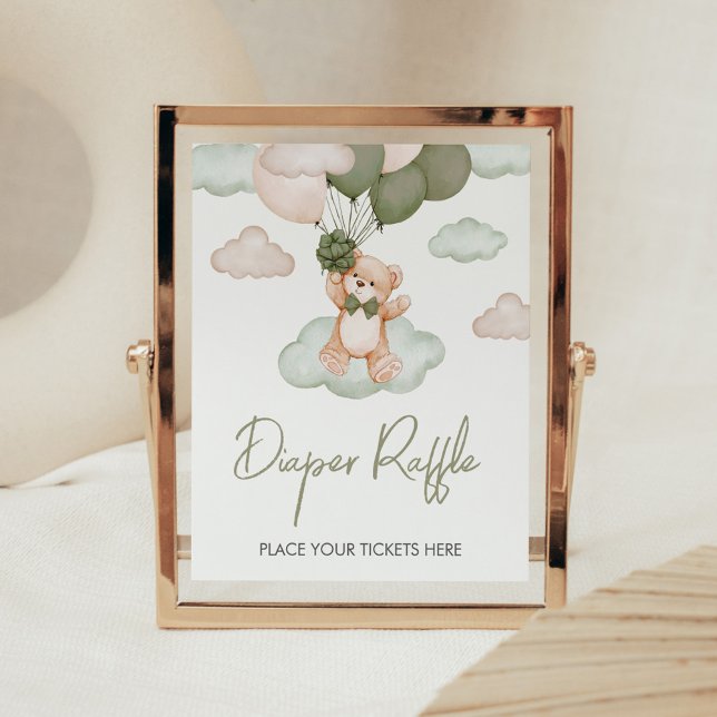 Poster Balloon de Baby shower de couches pour bébé vert R (Green Bear Balloon Bearly Wait Baby Shower Diaper Raffle Sign)