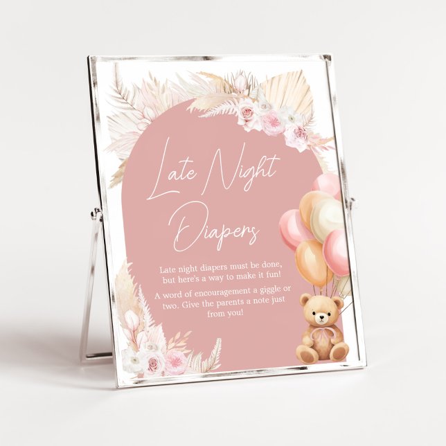 Poster Balloon d'ours de Boho rose Late Night Diapés (We Can Bearly Wait Baby Shower Late Night Diapers Sign)