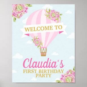Poster Balloon Rose À Air Chaud Avec Fleurs Roses Anniver