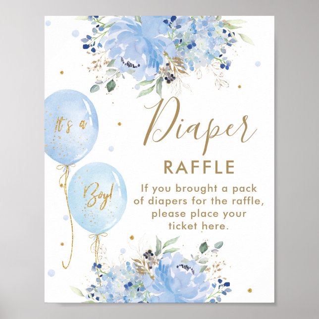 Poster Balloons Bleus Floral Boy Baby shower Déchets Raff (Devant)