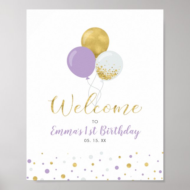 Poster Balloons Gold & Purple Fille 1er anniversaire Bien (Devant)