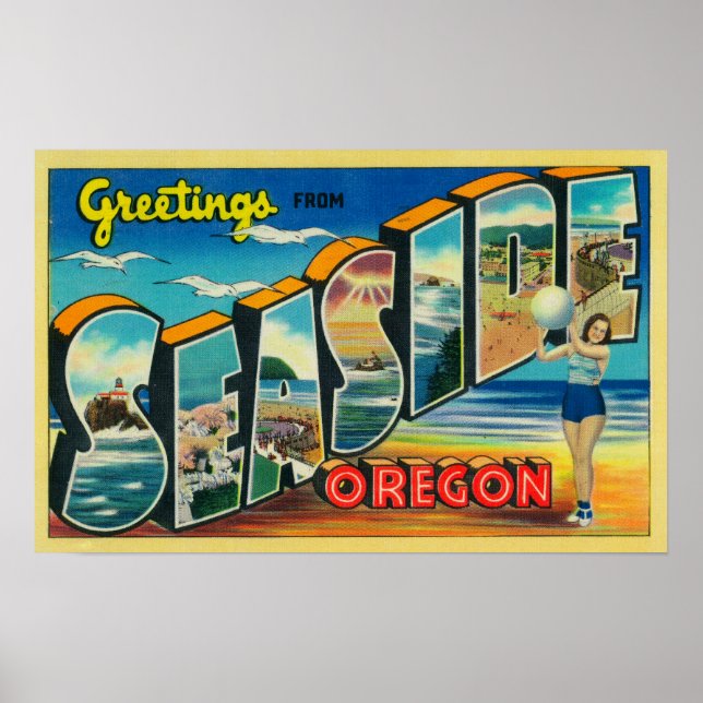 Poster Balnéaire, Oregon - Grandes Lettres Scènes 2 (Devant)