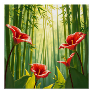Poster bamboo forest with red callas