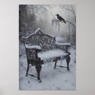 Poster Banc en fer vintage enneigé avec sombre corbeau