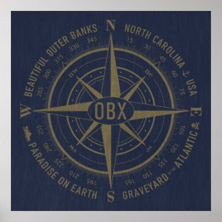 Poster Bancs extérieurs OBX Compass Vintage Gold Navy Ble