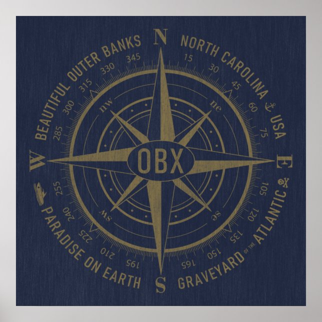 Poster Bancs extérieurs OBX Compass Vintage Gold Navy Ble (Devant)
