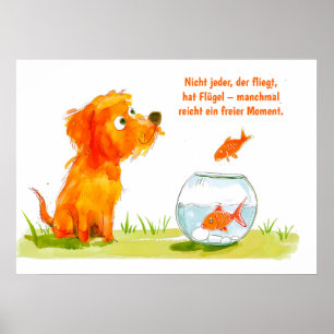 Poster Bande dessinée aquarelle Chien et bol à poissons r
