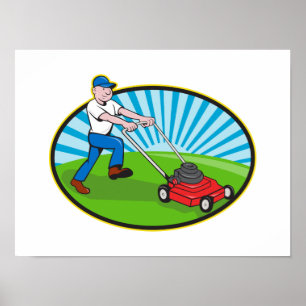 Poster Bande dessinée de jardinier d'homme de tondeuse à