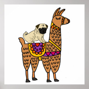 Poster Bande dessinée drôle de lama d'équitation de chien