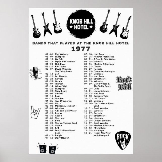 Poster Bandes Qui Ont Joué Au Knob Hill Hotel 1977 (Devant)