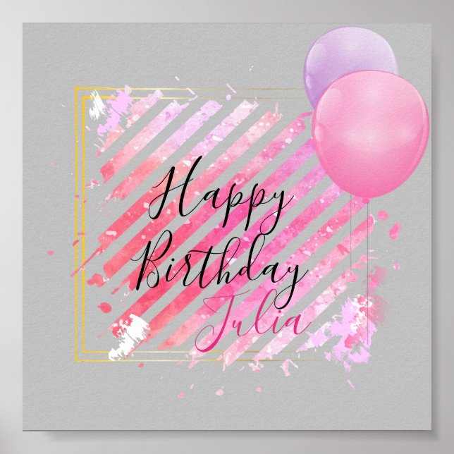 Poster Bandes roses Peinture Brush Strokes et Ballons (Devant)