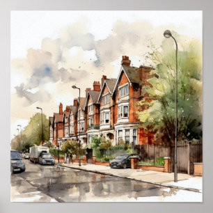Poster Banlieues de Londres Carré de peinture aquarelle