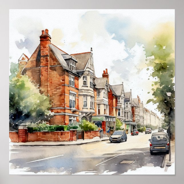 Poster Banlieues de Londres Carré de peinture aquarelle (Devant)