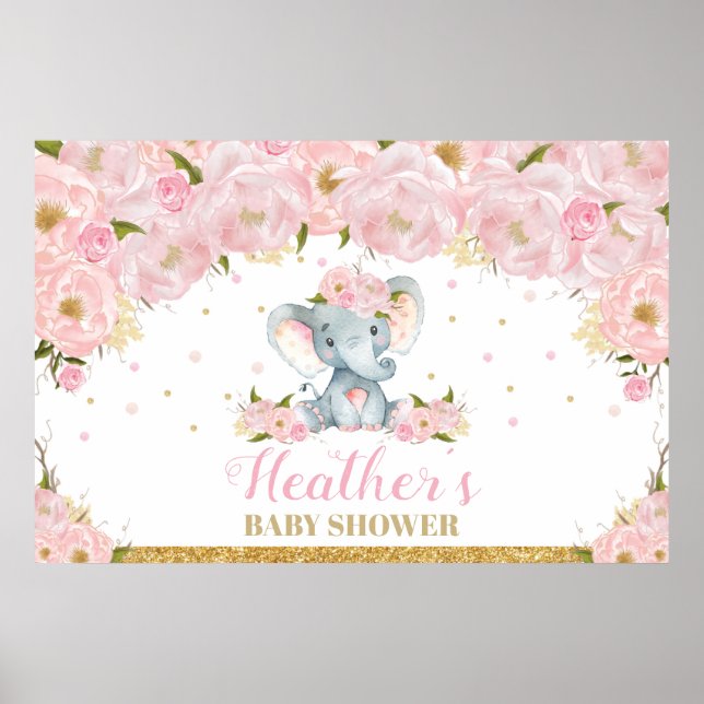 Poster Bannière arrière-plan Baby shower floral éléphant (Devant)