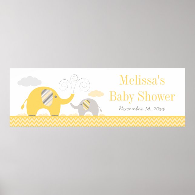 Poster Bannière Baby shower gris jaune éléphant (Devant)