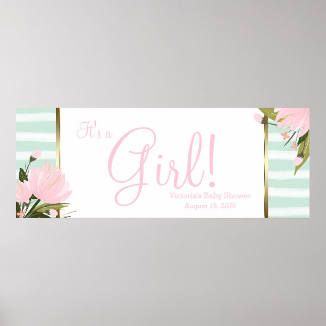Poster Bannière Baby shower rose et vert menthe (Devant)