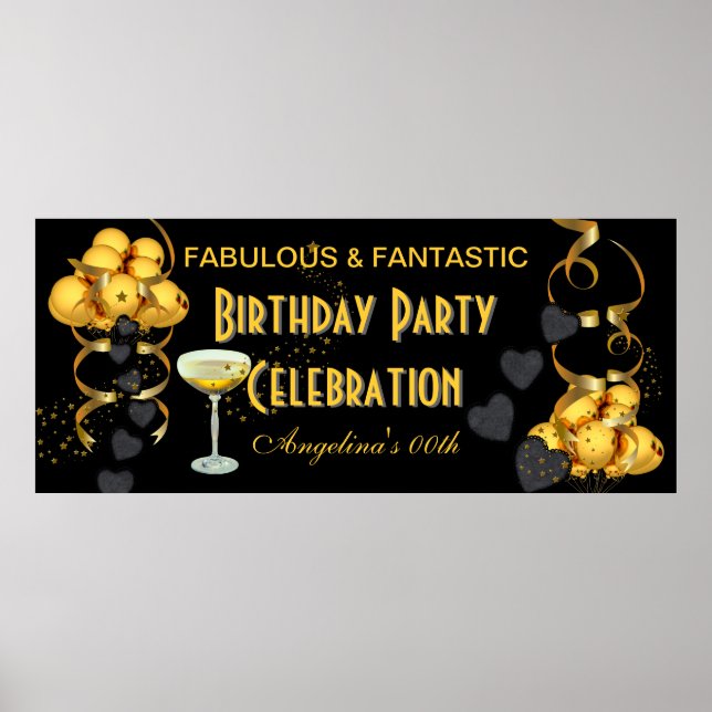 Poster Bannière Célébration Anniversaire Noir Or (Devant)