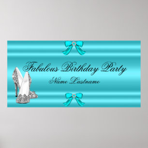 Poster Bannière d'anniversaire turquoise Bleu Argent Haut
