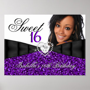 Poster Bannière de 16e anniversaire Photo Purple Glitter 