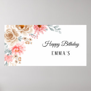 Poster Bannière de 1er anniversaire Fleurs Rose Pêche