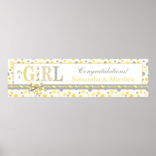 Poster Bannière de Baby shower POINTS JAUNES JAUNE FILLE (Devant)