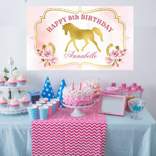Poster Bannière de cheval doré trottant fête rose et or