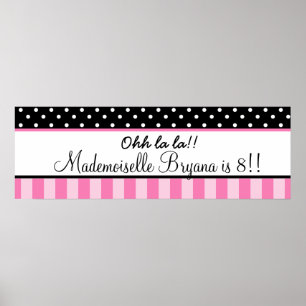 Poster Bannière de fête d'anniversaire à pois rose et noi