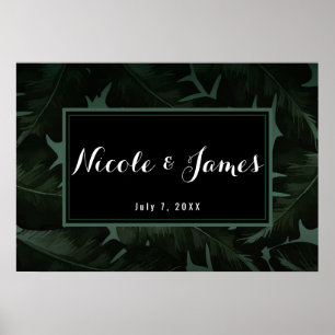Poster Bannière de Mariage Feuille Green & Black Chic Tro