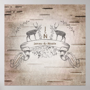 Poster Bannière de mariage rustique cerf & branches de bo