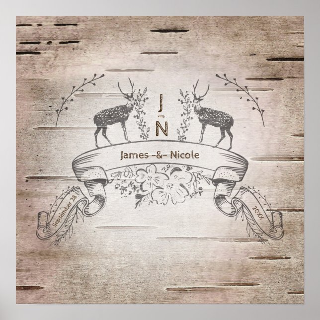 Poster Bannière de mariage rustique cerf & branches de bo (Devant)