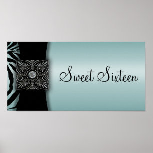 Poster Bannière du parti turquoise Zebra Sweet sixteen