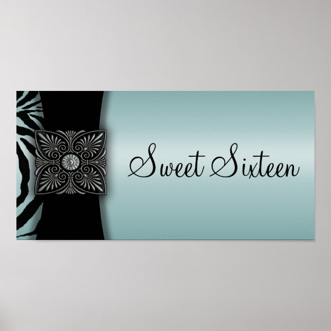 Poster Bannière du parti turquoise Zebra Sweet sixteen (Devant)