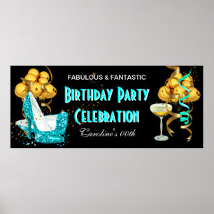 Poster Bannière Fête d'anniversaire Turquoise Blue Gold