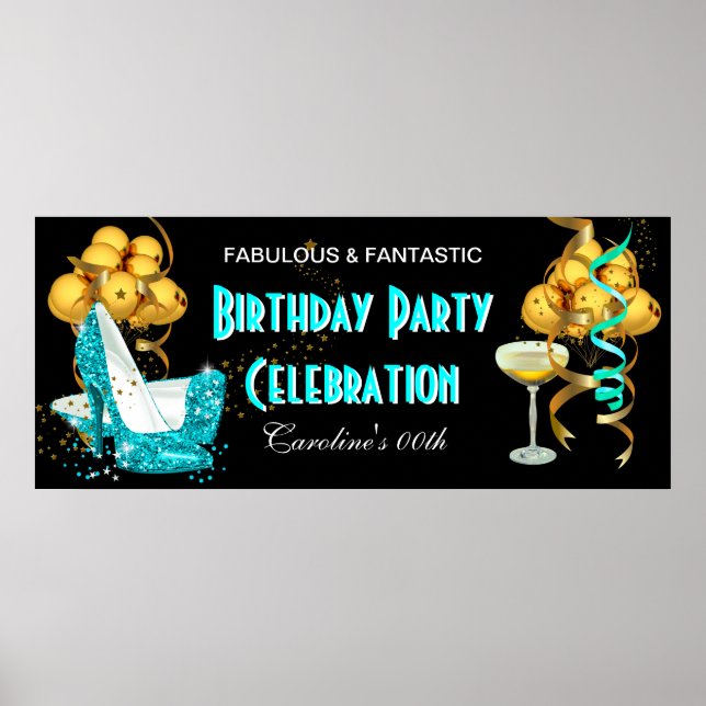 Poster Bannière Fête d'anniversaire Turquoise Blue Gold (Devant)