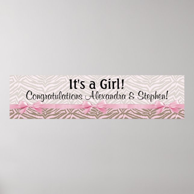 Poster Bannière grand Baby shower rose et Brown Zebra (Devant)