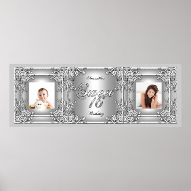 Poster Bannière Photo Sweet 16 Party Silver Floral (Devant)