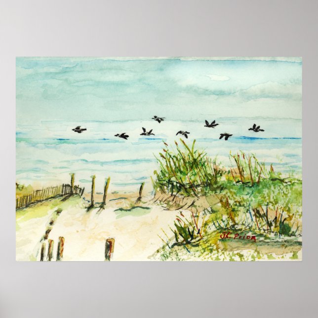Poster Banques extérieures Dunes de sable et mouettes Aff (Devant)
