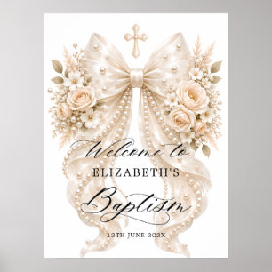 Poster Baptême Élégant Ruban Floral et Bienvenue Perle