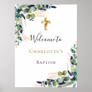 Poster Baptême eucalyptus verdure croix dorée pose de bie
