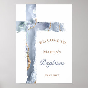 Poster Baptême pancarte de bienvenue à la croix bleue