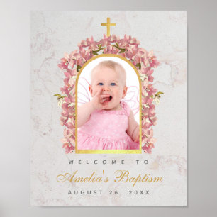Poster Baptême Photo Faux Gold Arch Orchidées rose Bienve