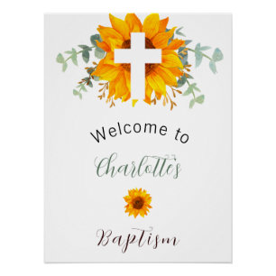 Poster Baptême tournesol eucalyptus croix bienvenue