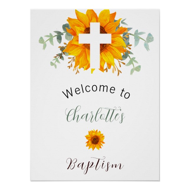Poster Baptême tournesol eucalyptus croix bienvenue (Devant)