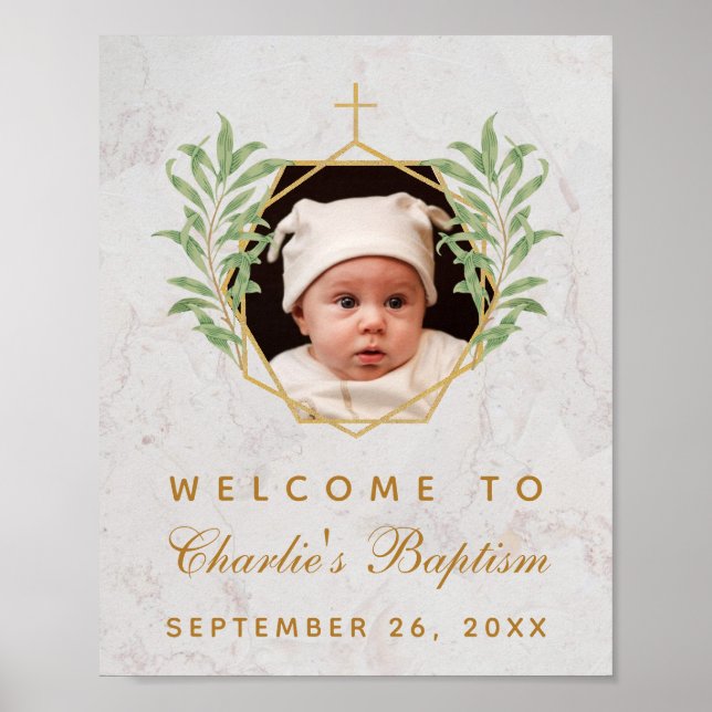 Poster Baptism Photo Greenery Marble Gold Welcome Sign (Devant)