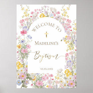 Poster Baptism watercolor meadow flowers welcome