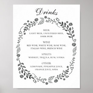 Poster Bar à boissons à mariage noir et blanc