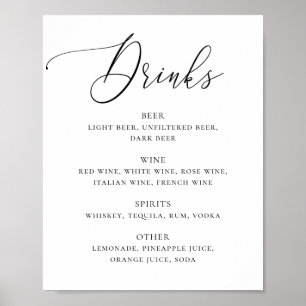 Poster Bar à boissons de mariage élégant en noir et blanc