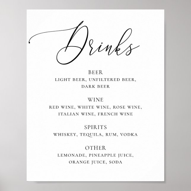 Poster Bar à boissons de mariage élégant en noir et blanc (Devant)