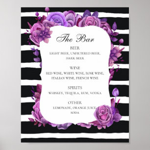 Poster Bar à boissons noir et blanc mariage. Floral pourp